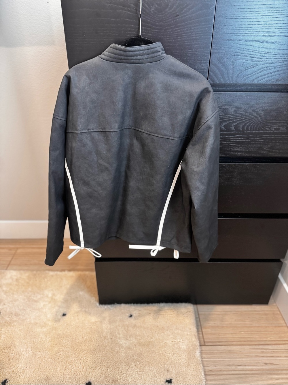 Women's Black Leather Jacket with White Trim